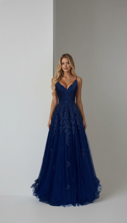 Romantic Navy Blue Lace Applique Tulle A-Line Prom Dress