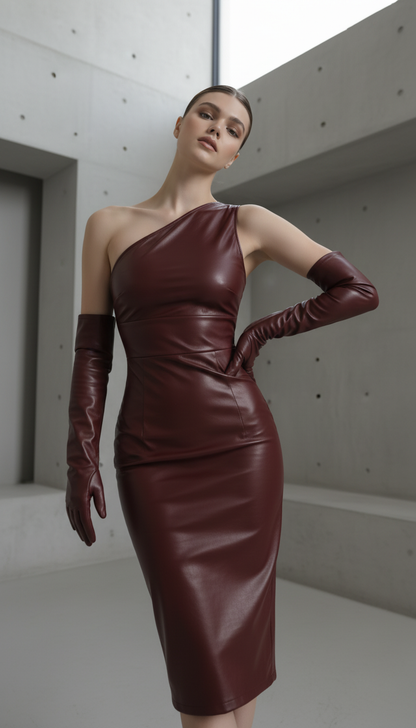 Maison Celie One-Shoulder Leather Evening Dress