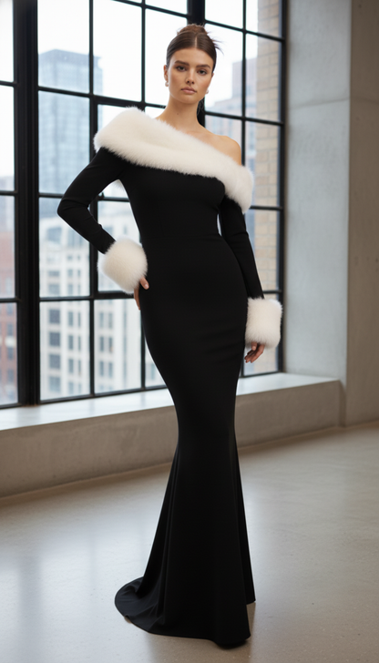 Sexy Women Faux Fur Long Sleeve Black Night Club Evening Party Dress 2025