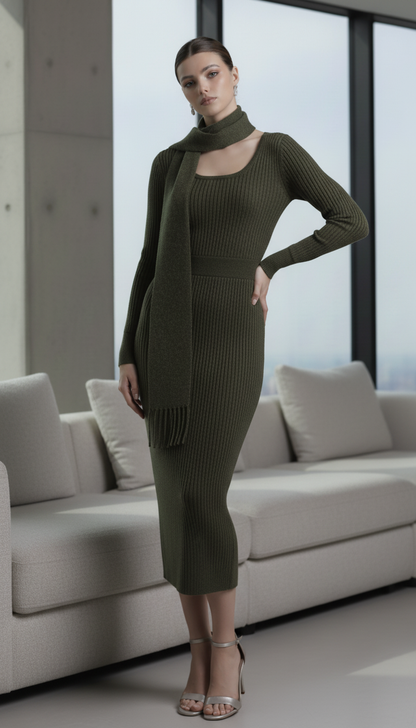 Vintage Knitted Midi Dress Y2K Autumn Slim with Scarf Long Sleeve Dress