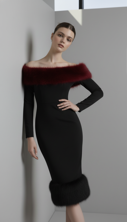 Solid Faux Fur Patchwork Strapless Maxi Dress Women Elegant Full Sleeve Off