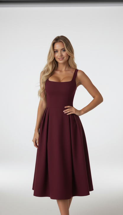 Melanie Square Neck A-Line Midi Dress – Burgundy