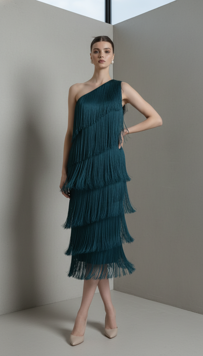 New Fashion Fringed Slanted Shoulder Asymmetrical Dress for Women