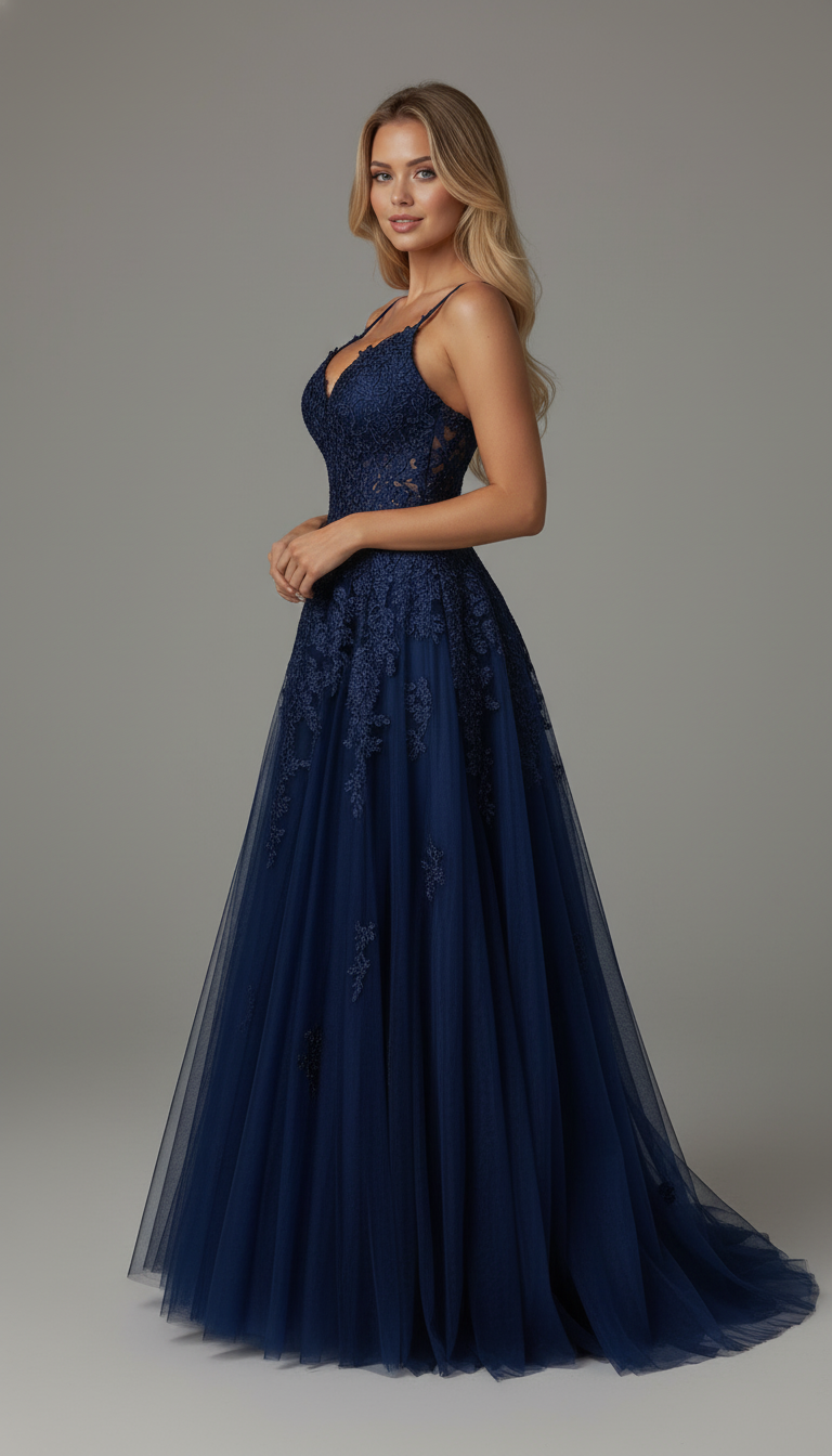 Romantic Navy Blue Lace Applique Tulle A-Line Prom Dress