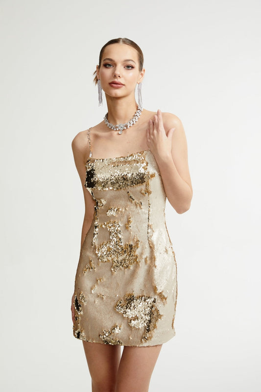 Arianwen gold reversible mini dress