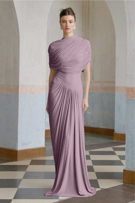 Catherine asymmetric pleated maxi dress in Purple
