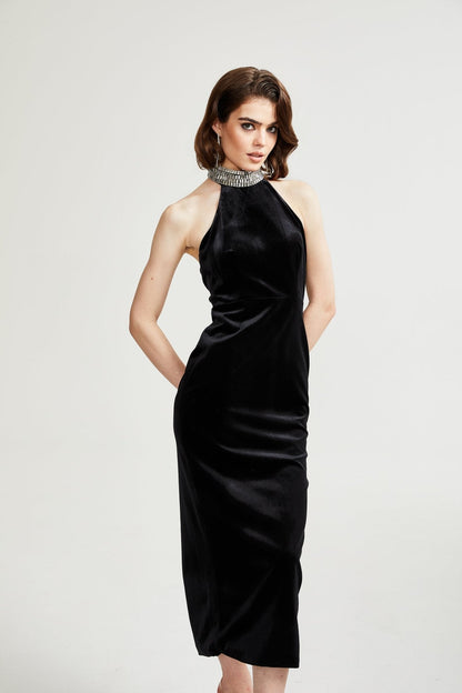 Caisa embellished turtle-neck black dress