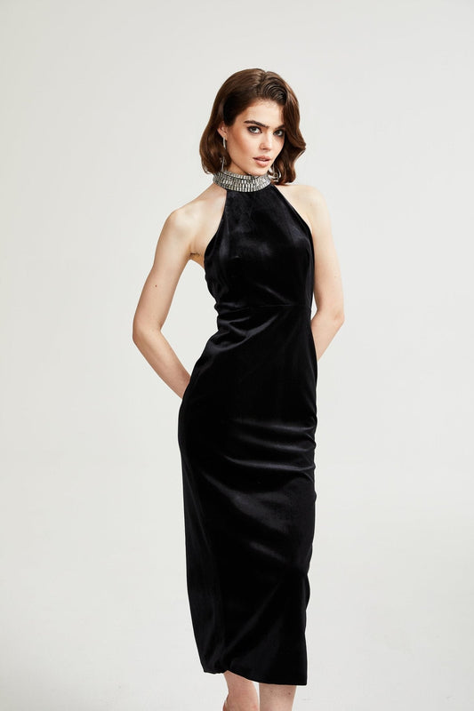 Caisa embellished turtle-neck black dress