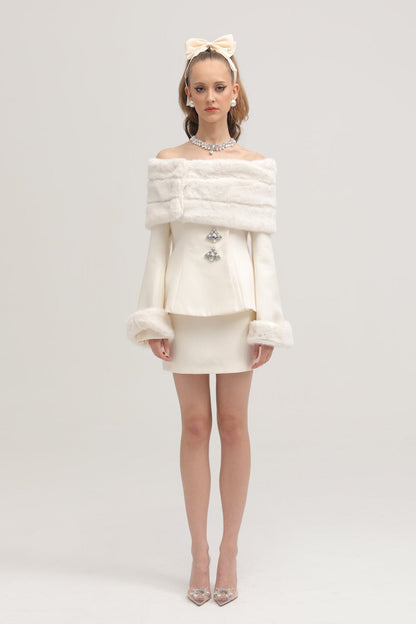 Caitlin white faux-fur jacket & skirt matching set