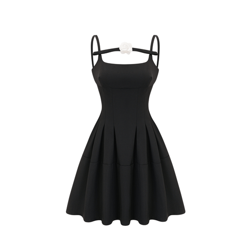 Camellia pleated black mini dress (US Only)