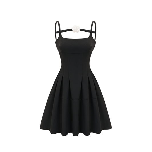 Camellia pleated black mini dress