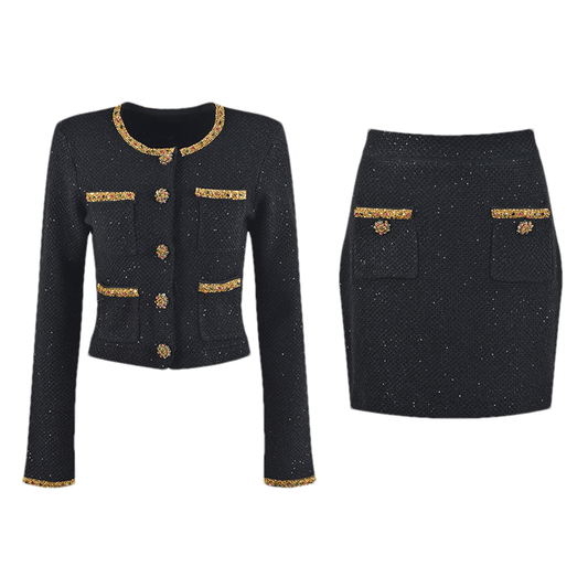 Ariane black sequined tweed jacket & skirt matching set