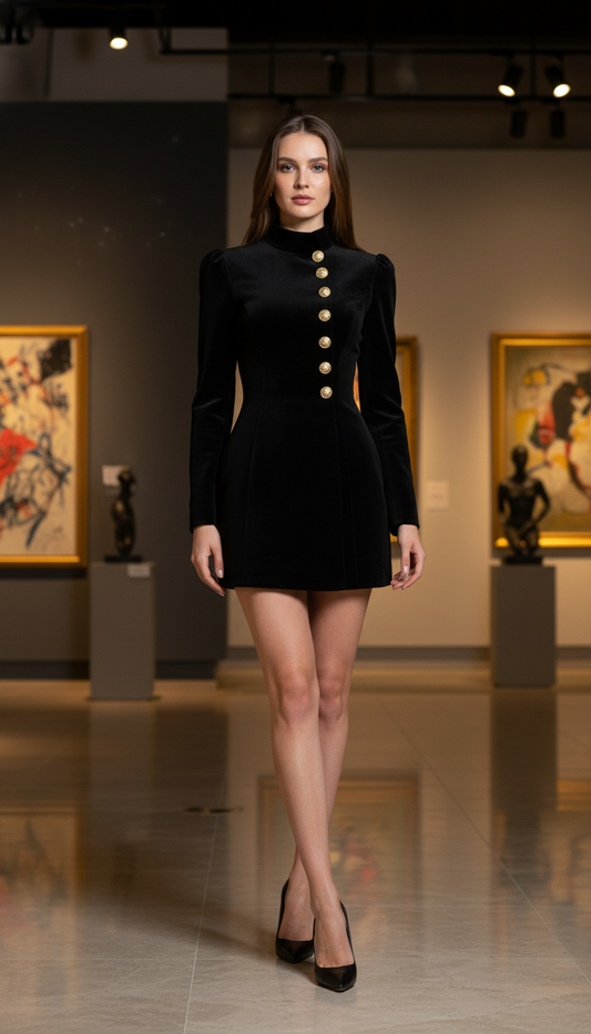 Stand Collar Gold-Button Mini Dress