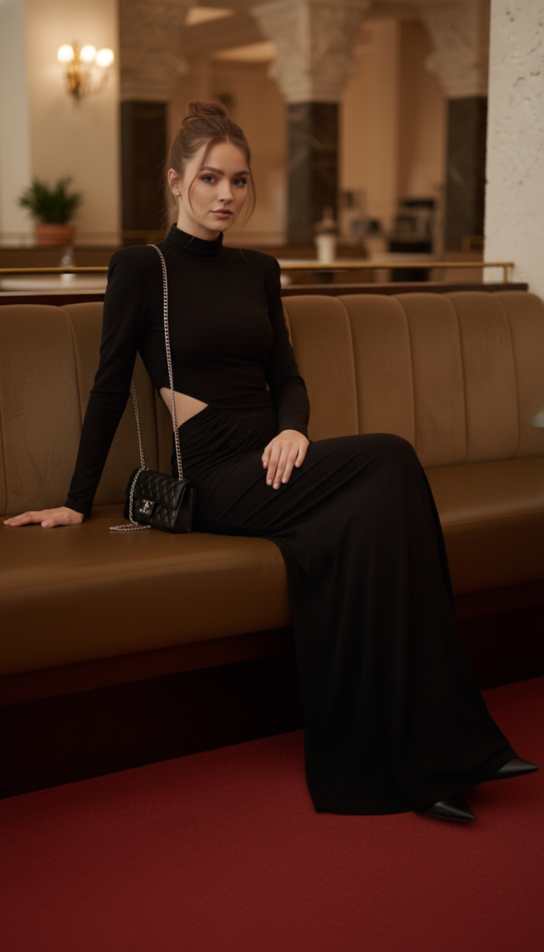 Celie Black Allure High-Neck Cut-Out Draped Gown