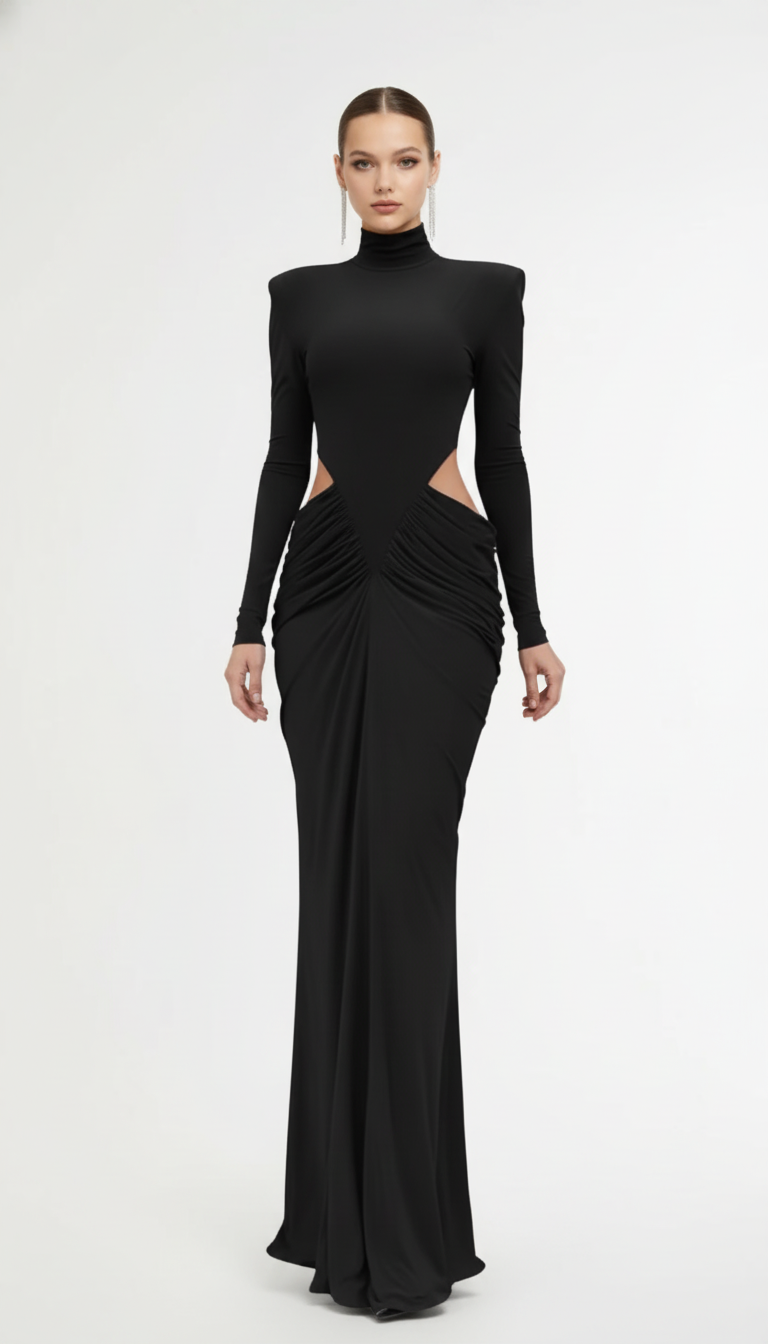 Celie Black Allure High-Neck Cut-Out Draped Gown