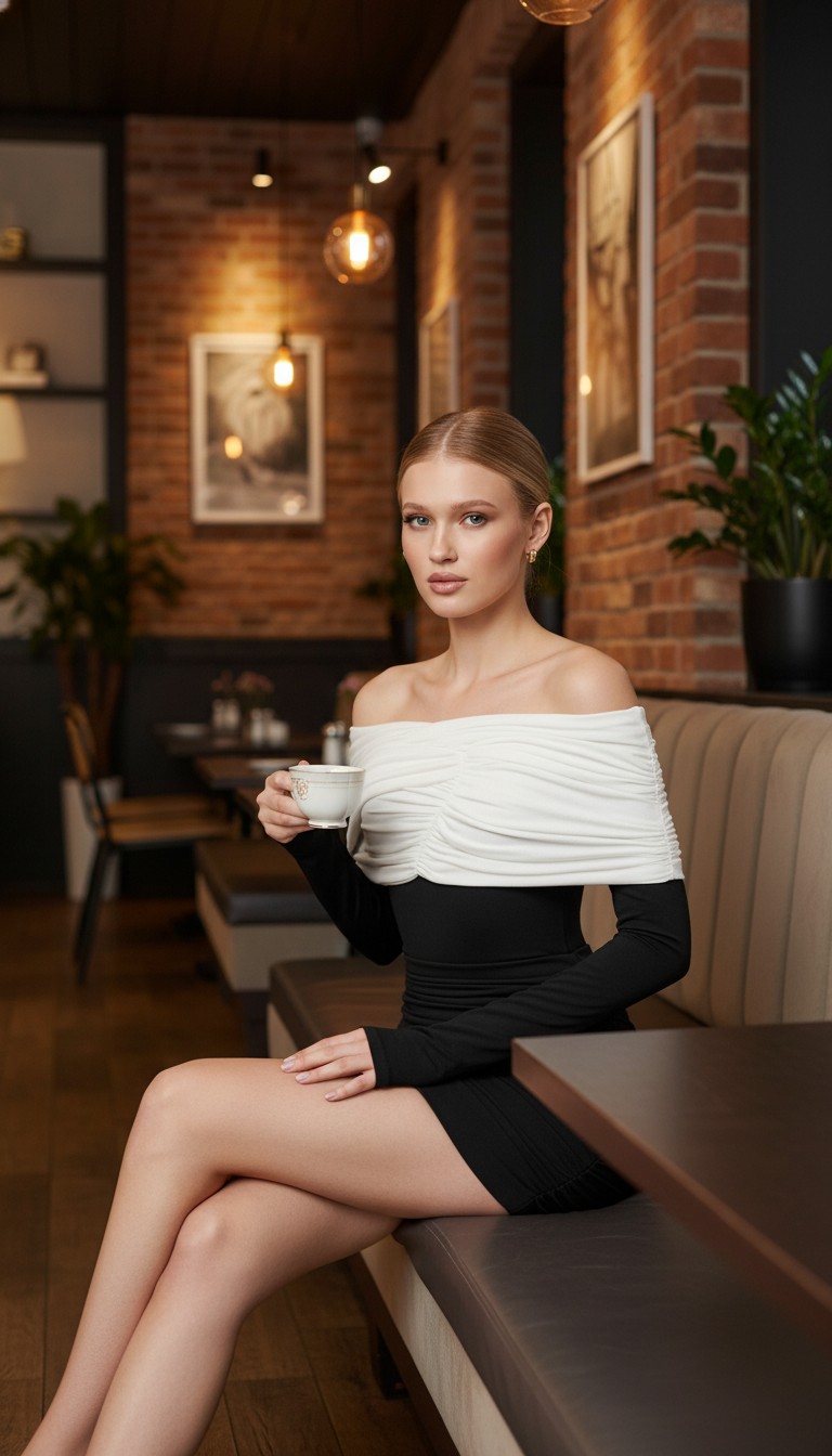 Maison Celie – Noir &amp; Blanc Sculpted Off-Shoulder Mini Dress