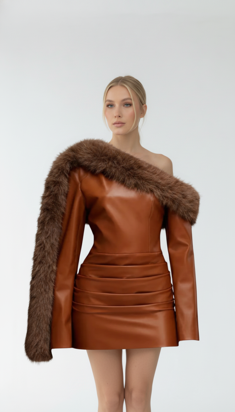 Maison Celie Luxe Faux-Leather Fur-Trim Mini Dress