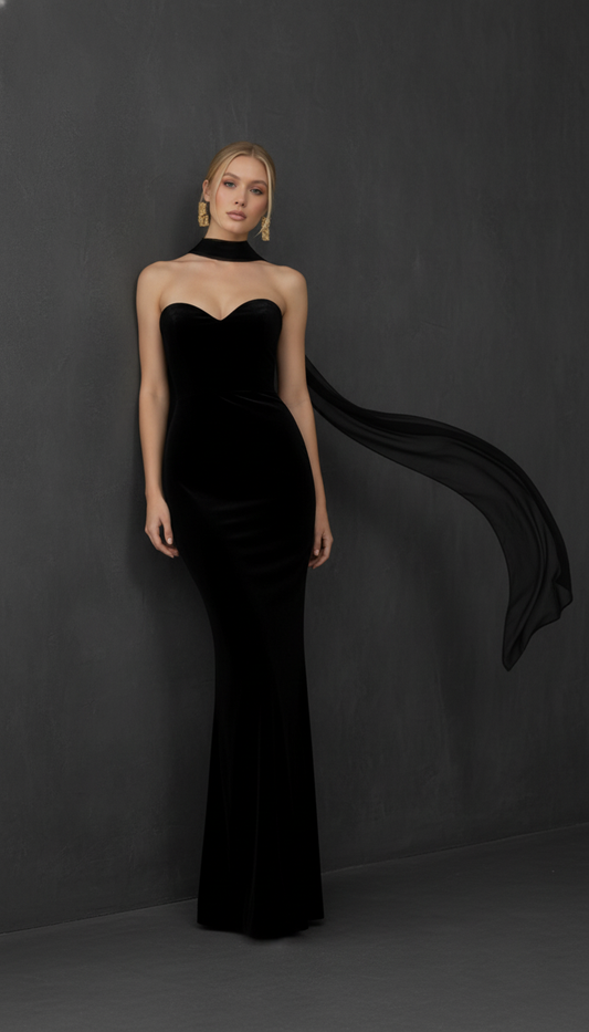Maison Celie Noir Scarf-Drape Sculpted Gown