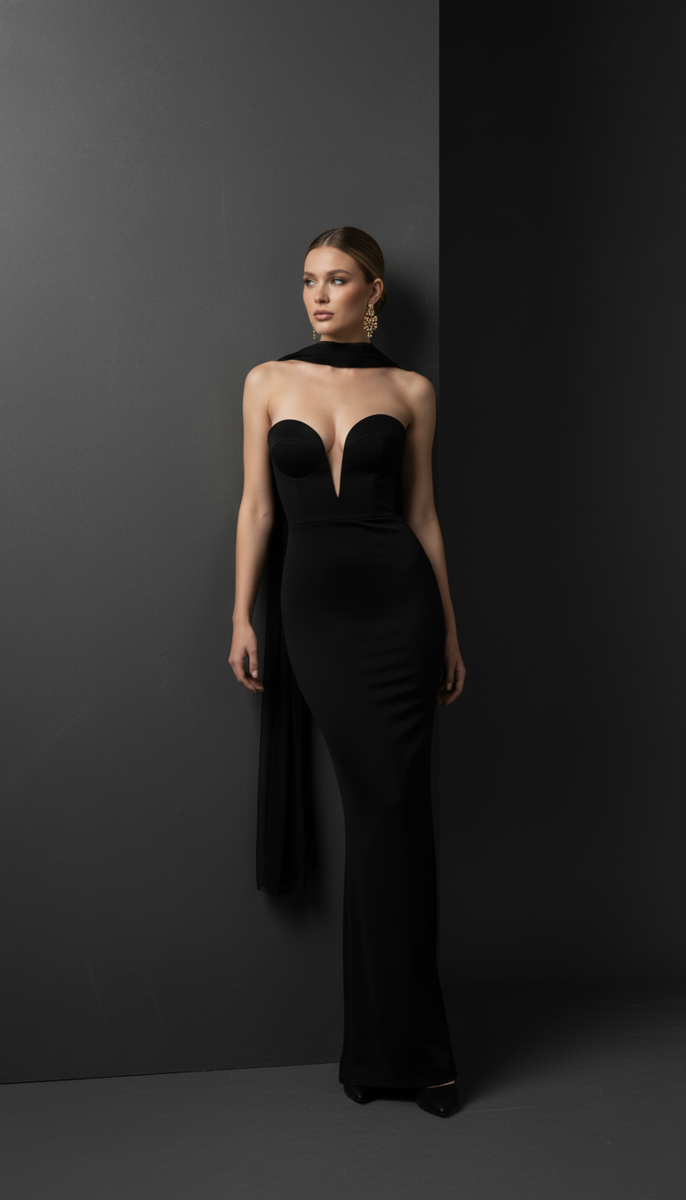 Maison Celie Noir Scarf-Drape Sculpted Gown