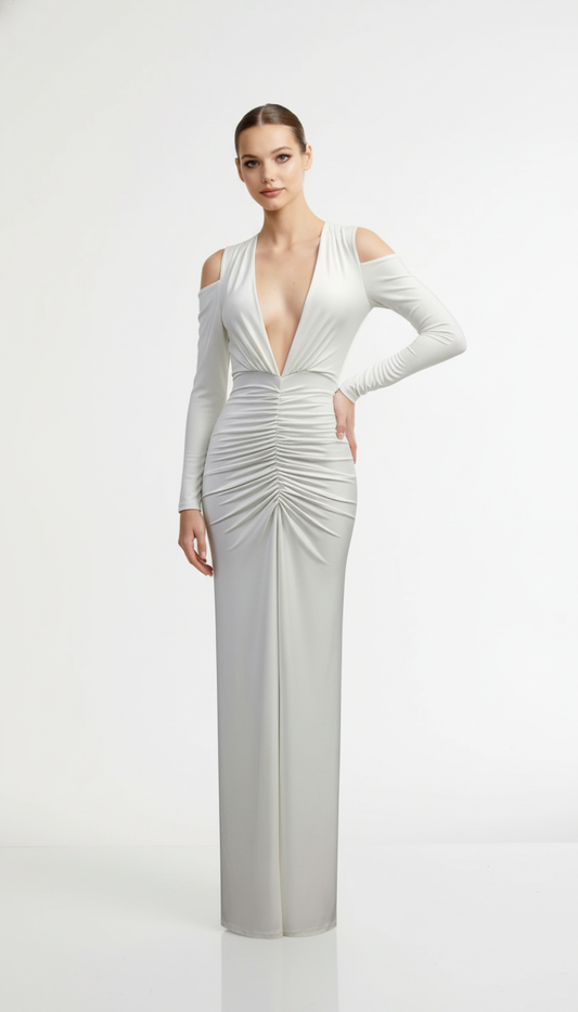 Ahagaga Deep V-Neck Long Party Dress – Folds, Long Sleeves, High Split