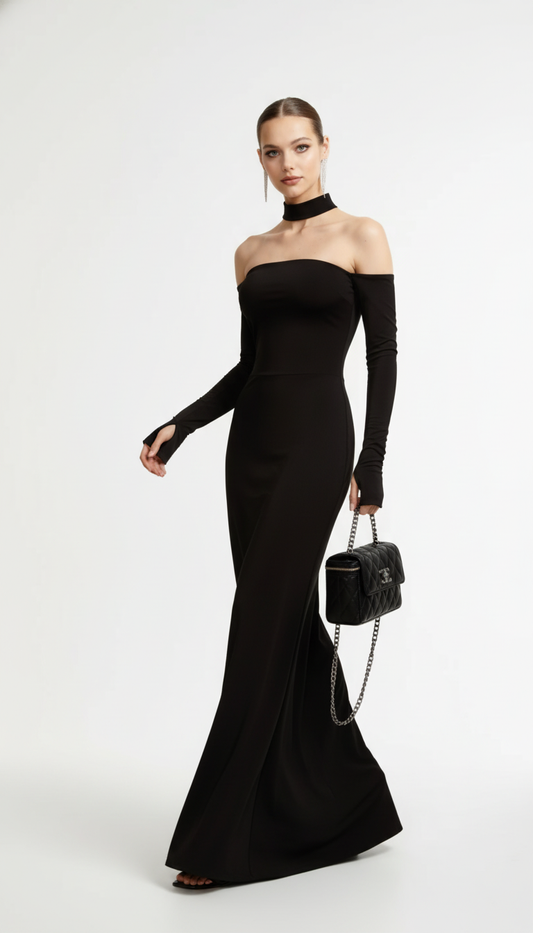 Celie Slim Hollow-Out Long Sleeve Strapless Dress