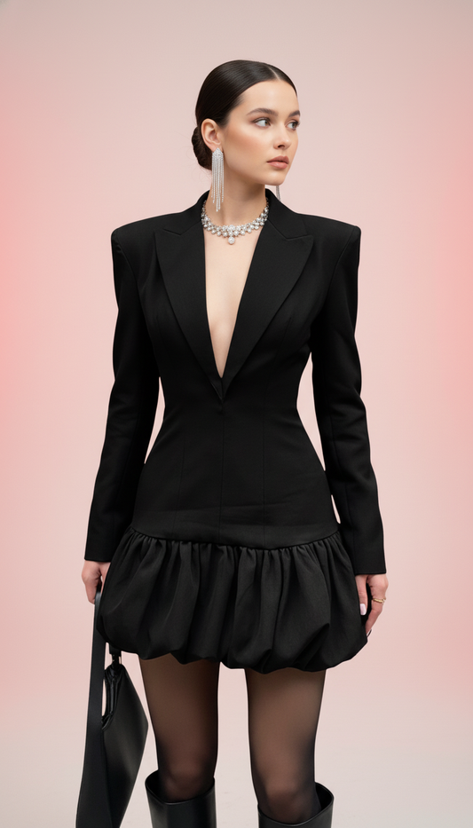 Sisterlinda Deep V-Neck Padded Mini Dress – Ruched Bud Hem, Full Sleeves, Slim Fit