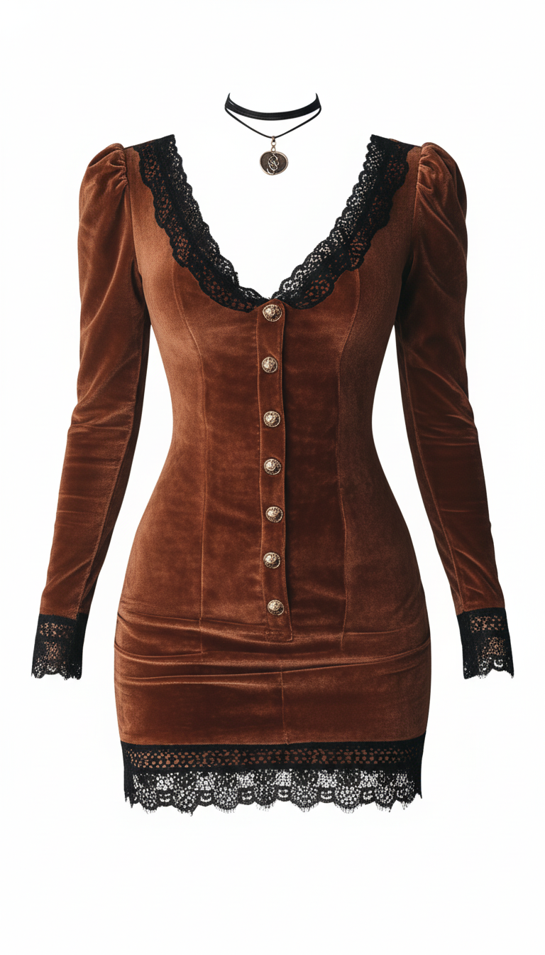Vintage Lace Trim Button Velvet Mini Dress