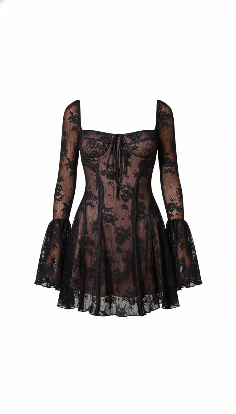 Black Lace Corset Bell Sleeve Mini Dress