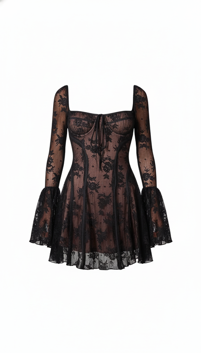 Black Lace Corset Bell Sleeve Mini Dress