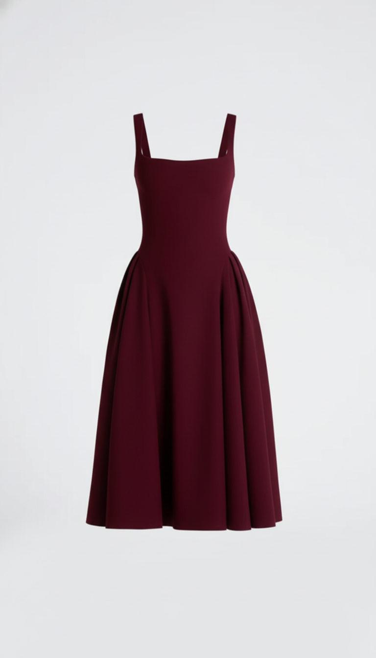 Melanie Square Neck A-Line Midi Dress – Burgundy