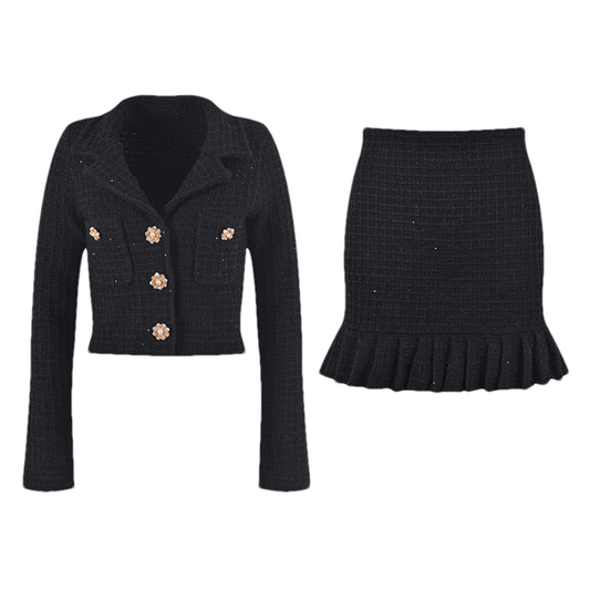 Fatoumata black waffle-knit jacket & skirt matching set