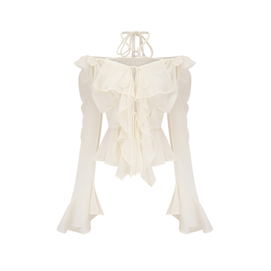 Fauve white ruffle strapless long-sleeve blouse