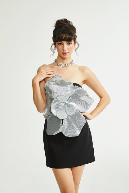 Florence faux-flower mini dress in Black