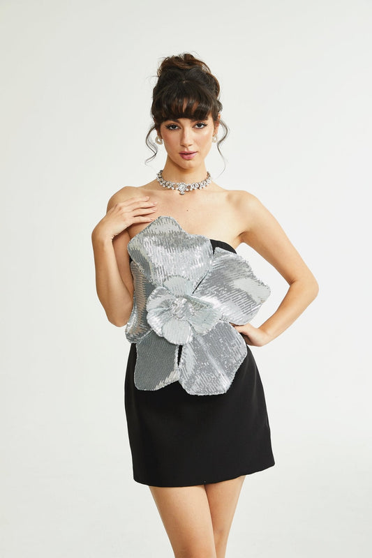 Florence faux-flower mini dress in Black