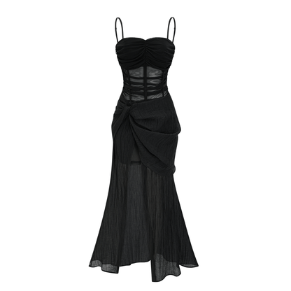 Guinevere black sheer asymmetric midi dress