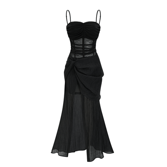 Guinevere black sheer asymmetric midi dress