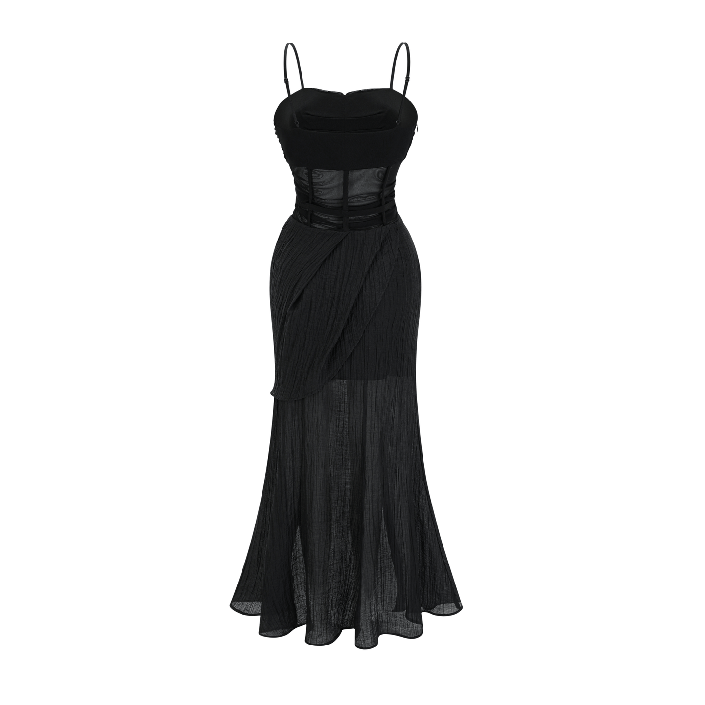 Guinevere black sheer asymmetric midi dress