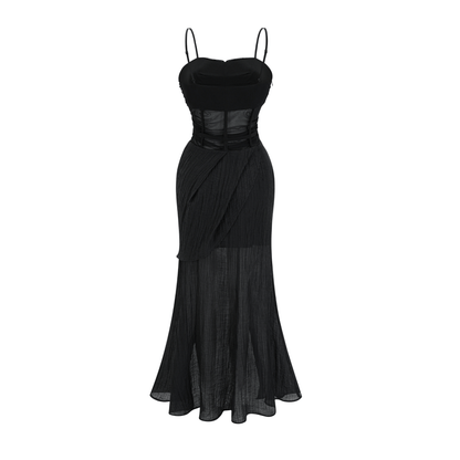 Guinevere black sheer asymmetric midi dress