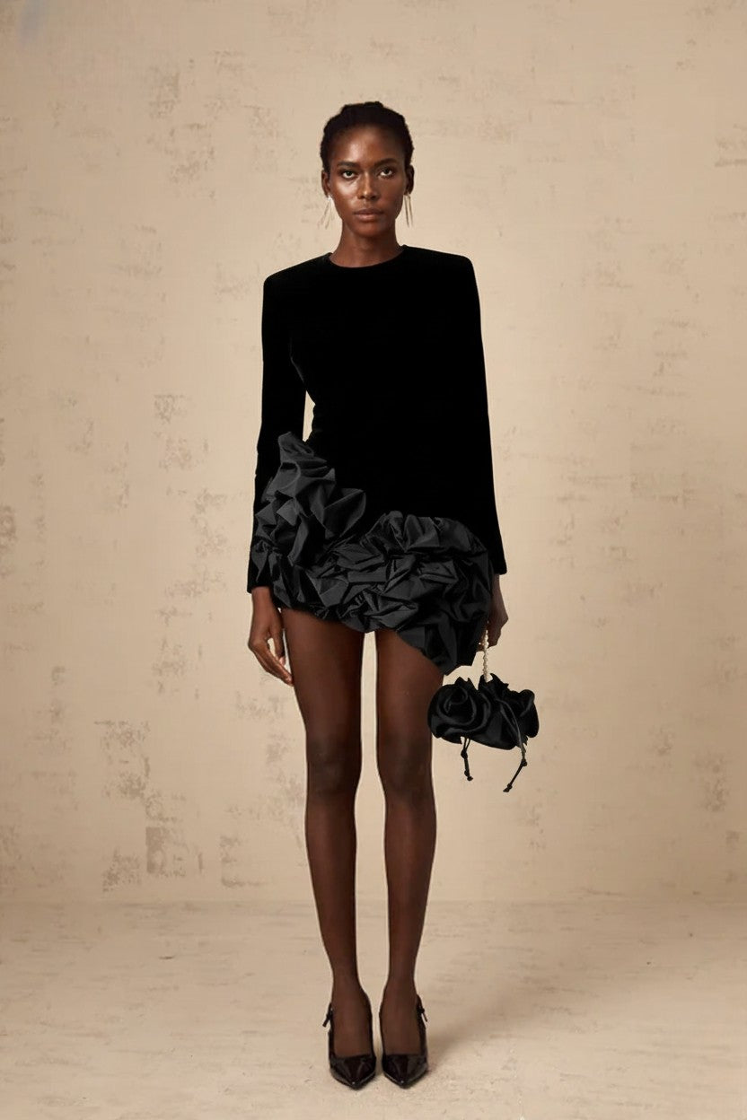 Structured Velvet & 3D Rosette Mini Dress
