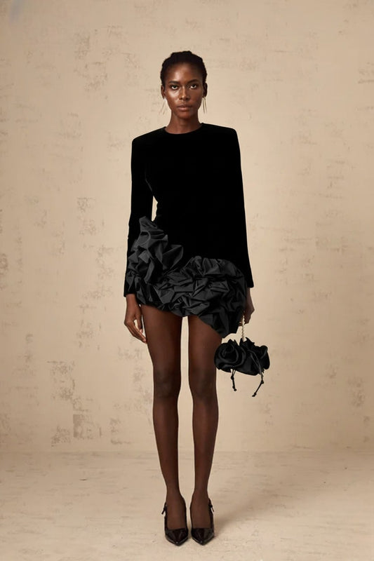 Structured Velvet & 3D Rosette Mini Dress
