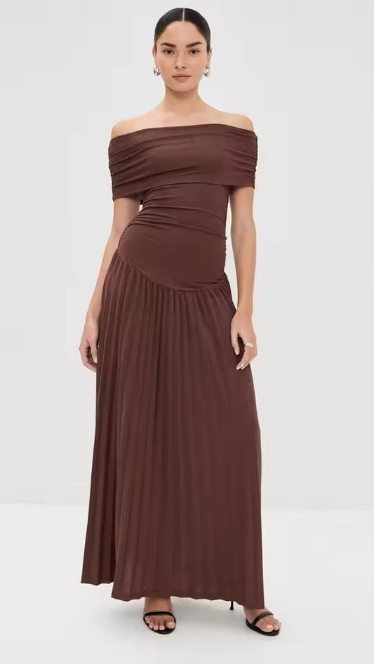 Catherine asymmetric pleated maxi dress in Brown