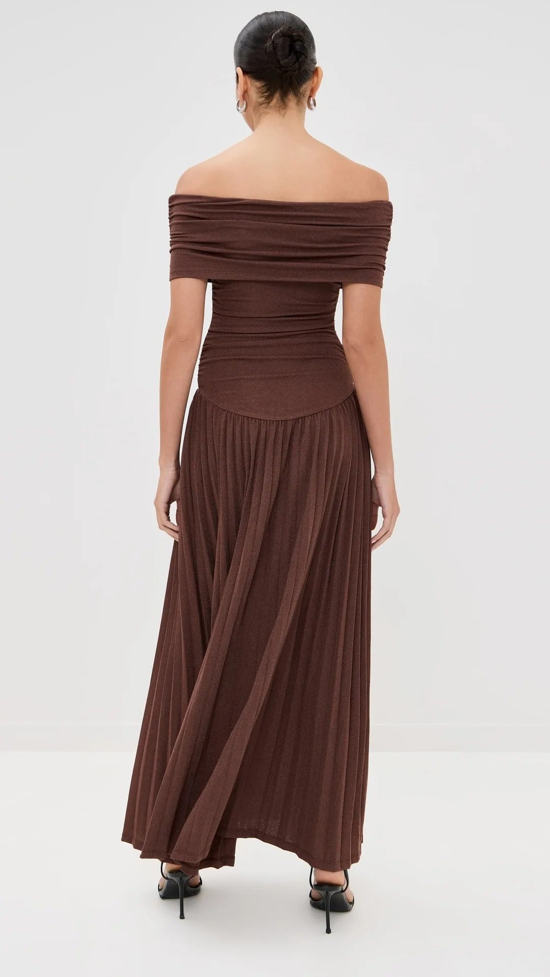 Catherine asymmetric pleated maxi dress in Brown