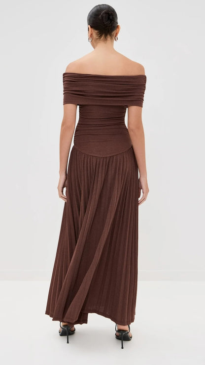 Catherine asymmetric pleated maxi dress in Brown