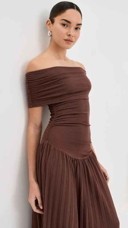 Catherine asymmetric pleated maxi dress in Brown