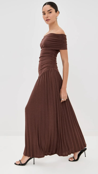Catherine asymmetric pleated maxi dress in Brown