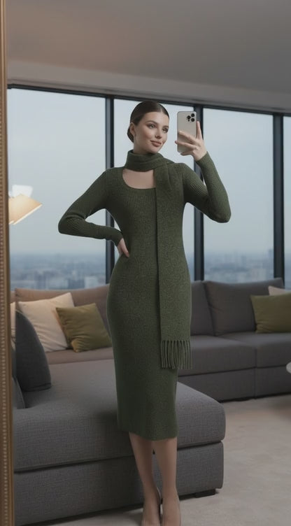 Vintage Knitted Midi Dress Y2K Autumn Slim with Scarf Long Sleeve Dress