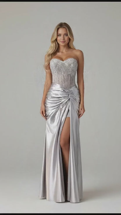 Luxurious Silver Beaded Corset Satin High-Slit Evening Gown