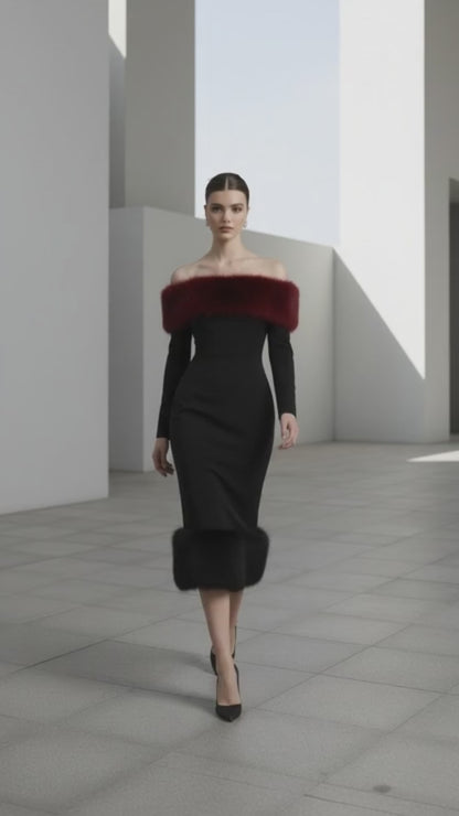 Solid Faux Fur Patchwork Strapless Maxi Dress Women Elegant Full Sleeve Off