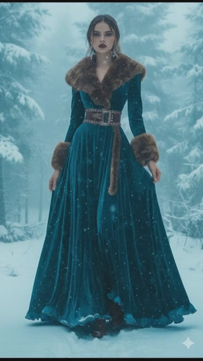 Celeste Fur-Collar Velvet Maxi Coat Dress – Deep Blue