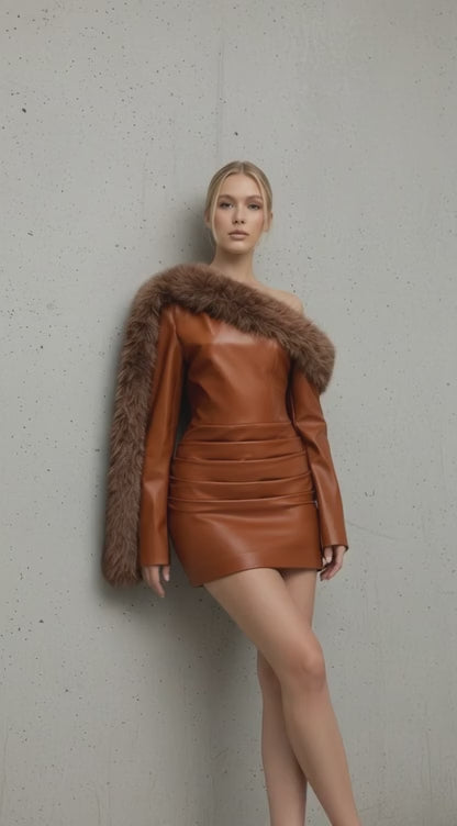 Maison Celie Luxe Faux-Leather Fur-Trim Mini Dress